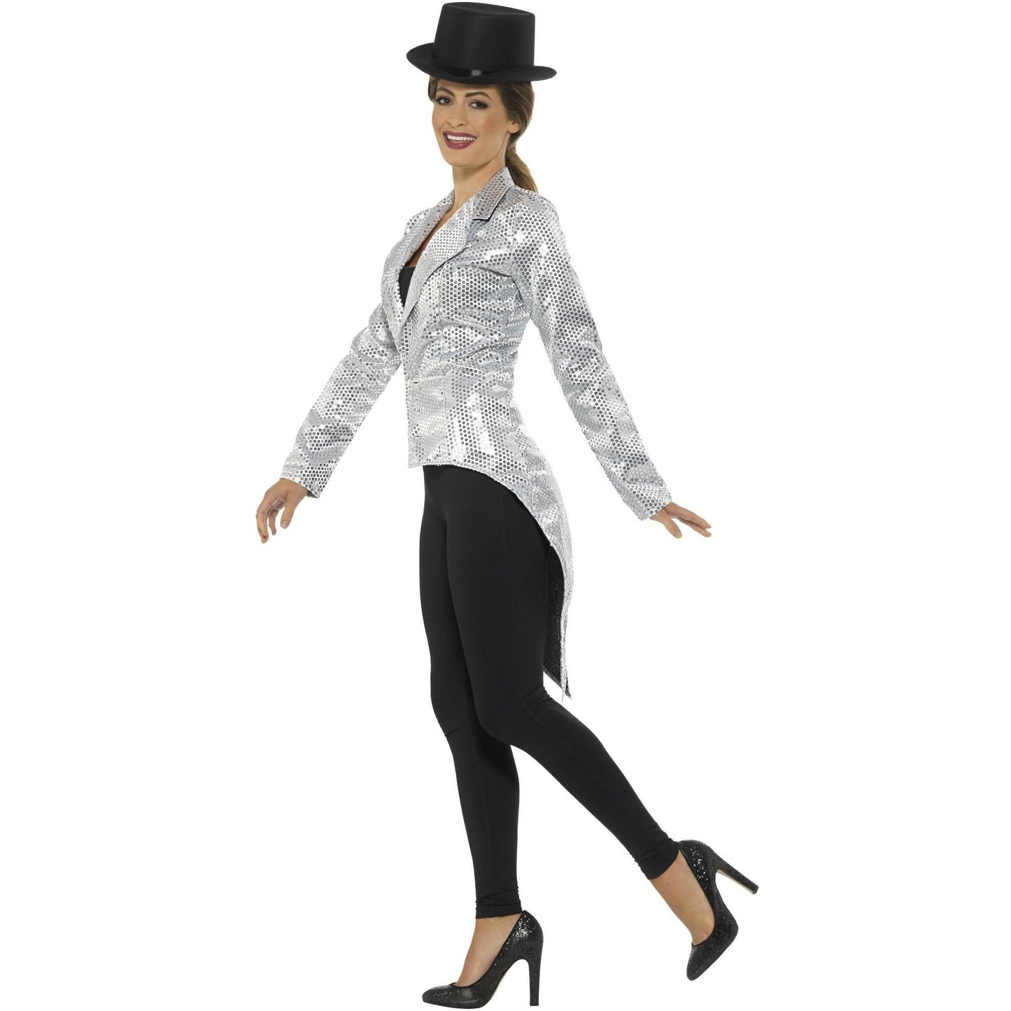Silver - Side - Smiffys Womens-Ladies Sequins Costume Tailcoat