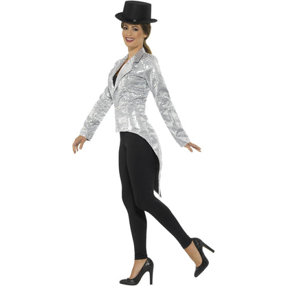 Silver - Side - Smiffys Womens-Ladies Sequins Costume Tailcoat