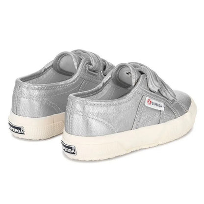 Matt Silver Grey-Avorio - Back - Superga Childrens-Kids 2750 Metallic Touch Fastening Canvas