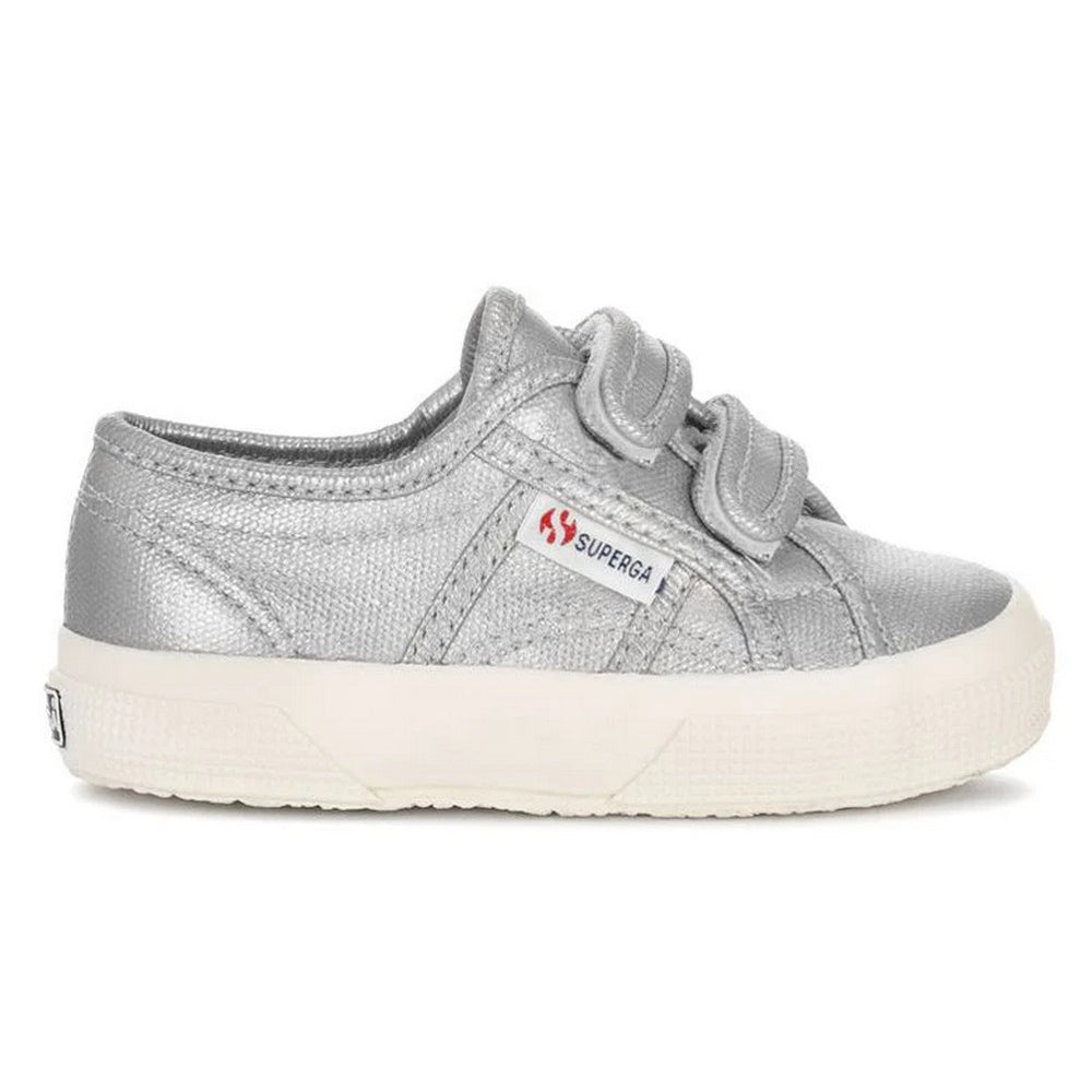 Matt Silver Grey-Avorio - Side - Superga Childrens-Kids 2750 Metallic Touch Fastening Canvas