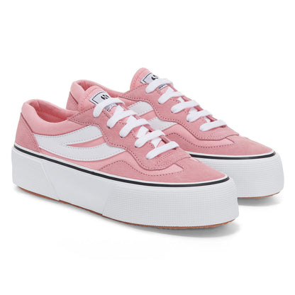 Pink-White - Front - Superga Womens-Ladies 3041 Revolley Colour Block Suede Platforms
