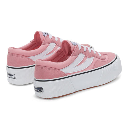 Pink-White - Back - Superga Womens-Ladies 3041 Revolley Colour Block Suede Platforms