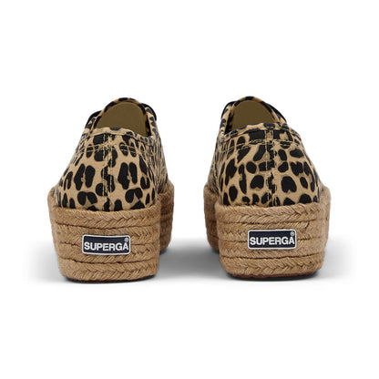 Brown-Black - Back - Superga Womens-Ladies 2790 Cotrope Leopard Print Lace Up Flatforms
