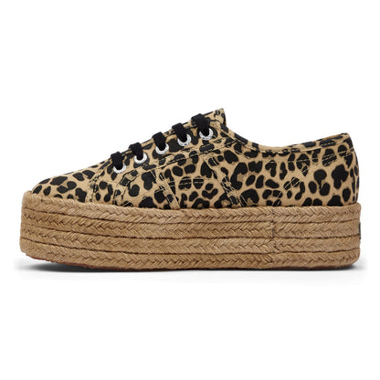 Brown-Black - Side - Superga Womens-Ladies 2790 Cotrope Leopard Print Lace Up Flatforms