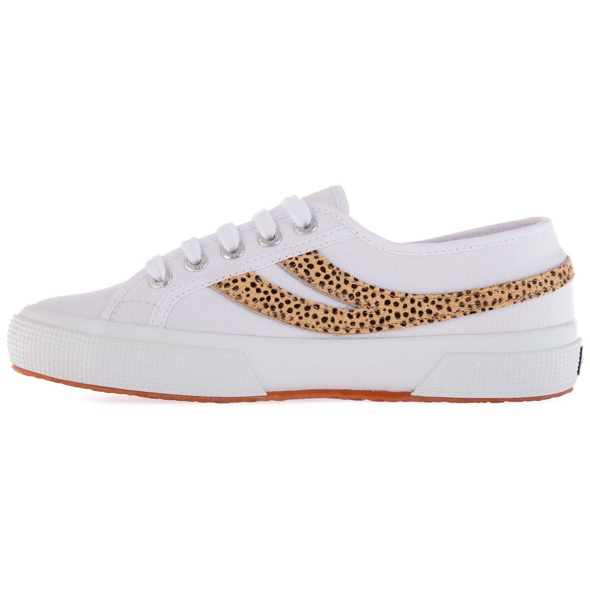 White - Side - Superga Womens-Ladies 2953 Cotu Cheetah Print Cowhide Leather Trainers