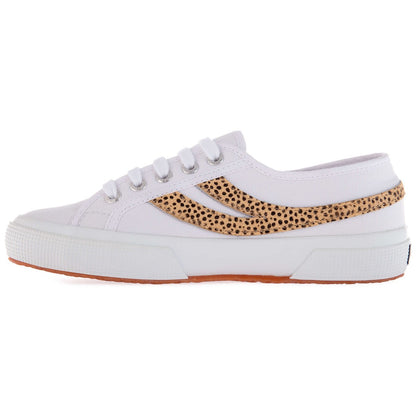 White - Side - Superga Womens-Ladies 2953 Cotu Cheetah Print Cowhide Leather Trainers