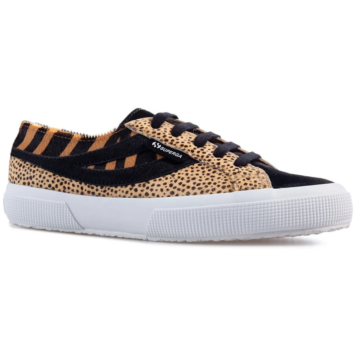 Black - Front - Superga Womens-Ladies Cheetah & Zebra Print Cowhide Leather Trainers