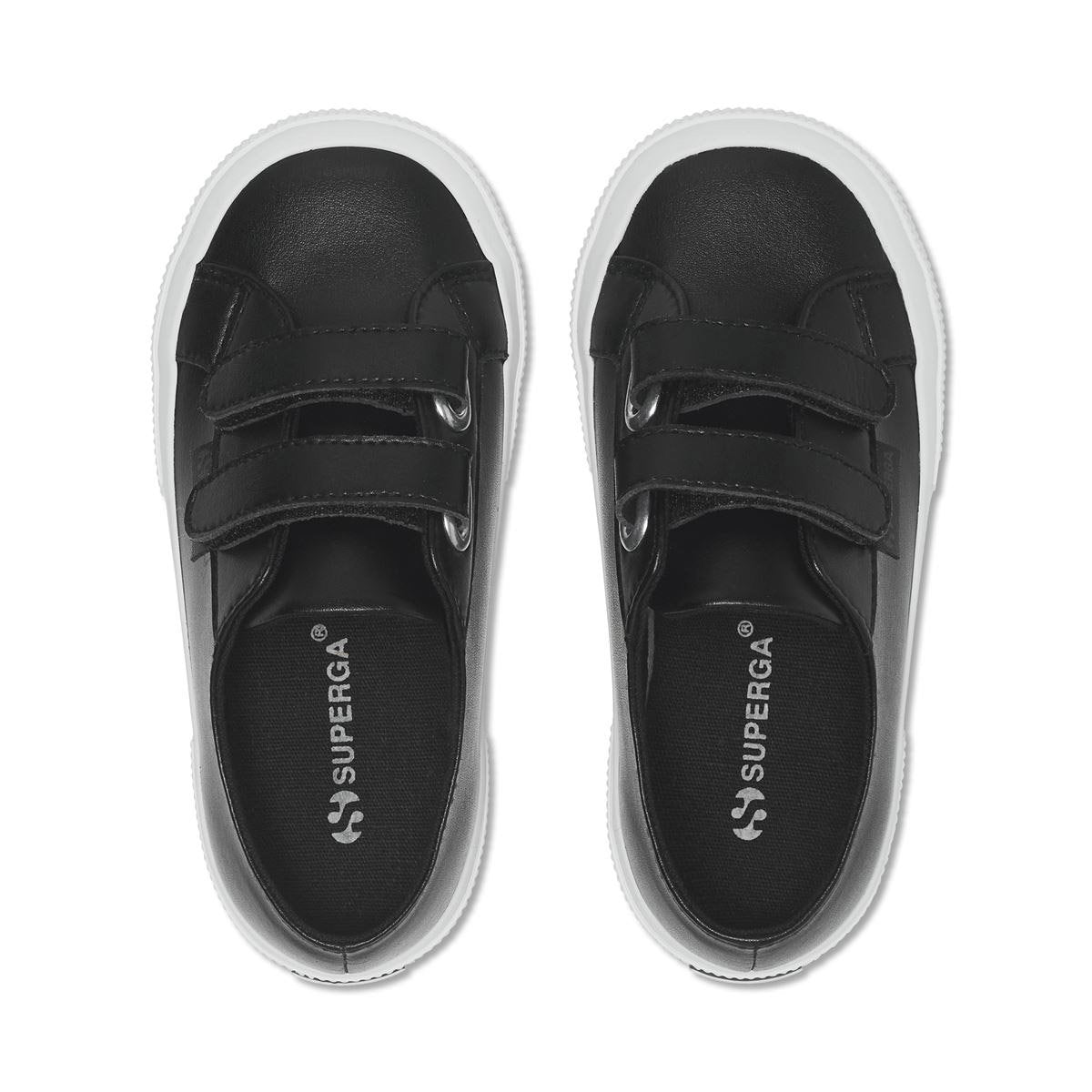 Black-White - Side - Superga Childrens-Kids 2750 Vegan Faux Leather Trainers