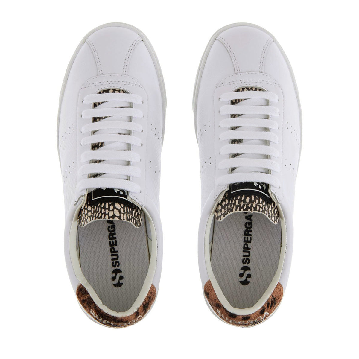 White-Brown-Marshmallow - Side - Superga Womens-Ladies 2843 Sport Club S Deer Print Cowhide Leather Trainers