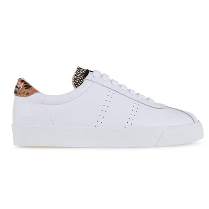 White-Brown-Marshmallow - Front - Superga Womens-Ladies 2843 Sport Club S Deer Print Cowhide Leather Trainers