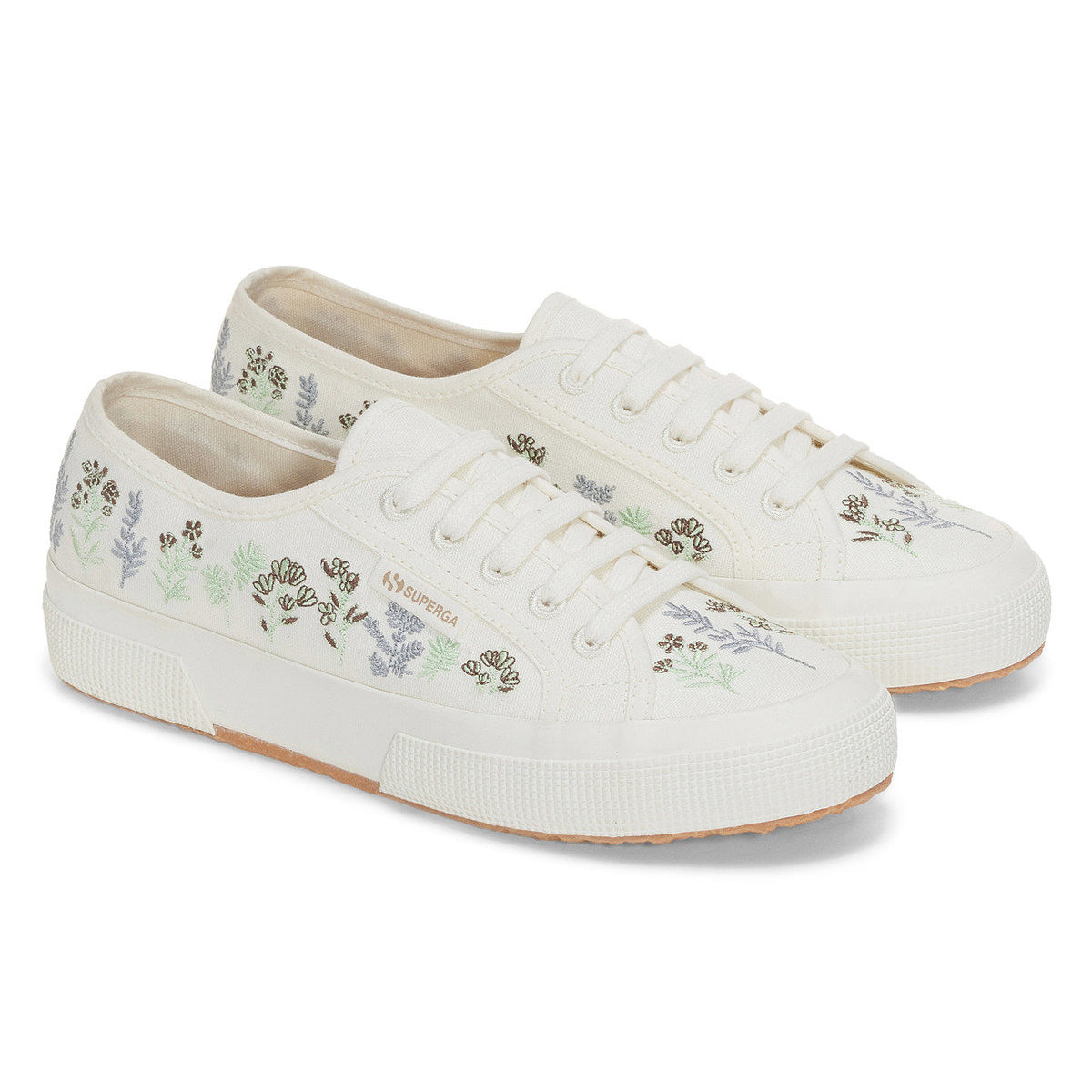 White Avorio-Green-Chocolate - Front - Superga Womens-Ladies 2750 Flowers Organic Cotton Trainers