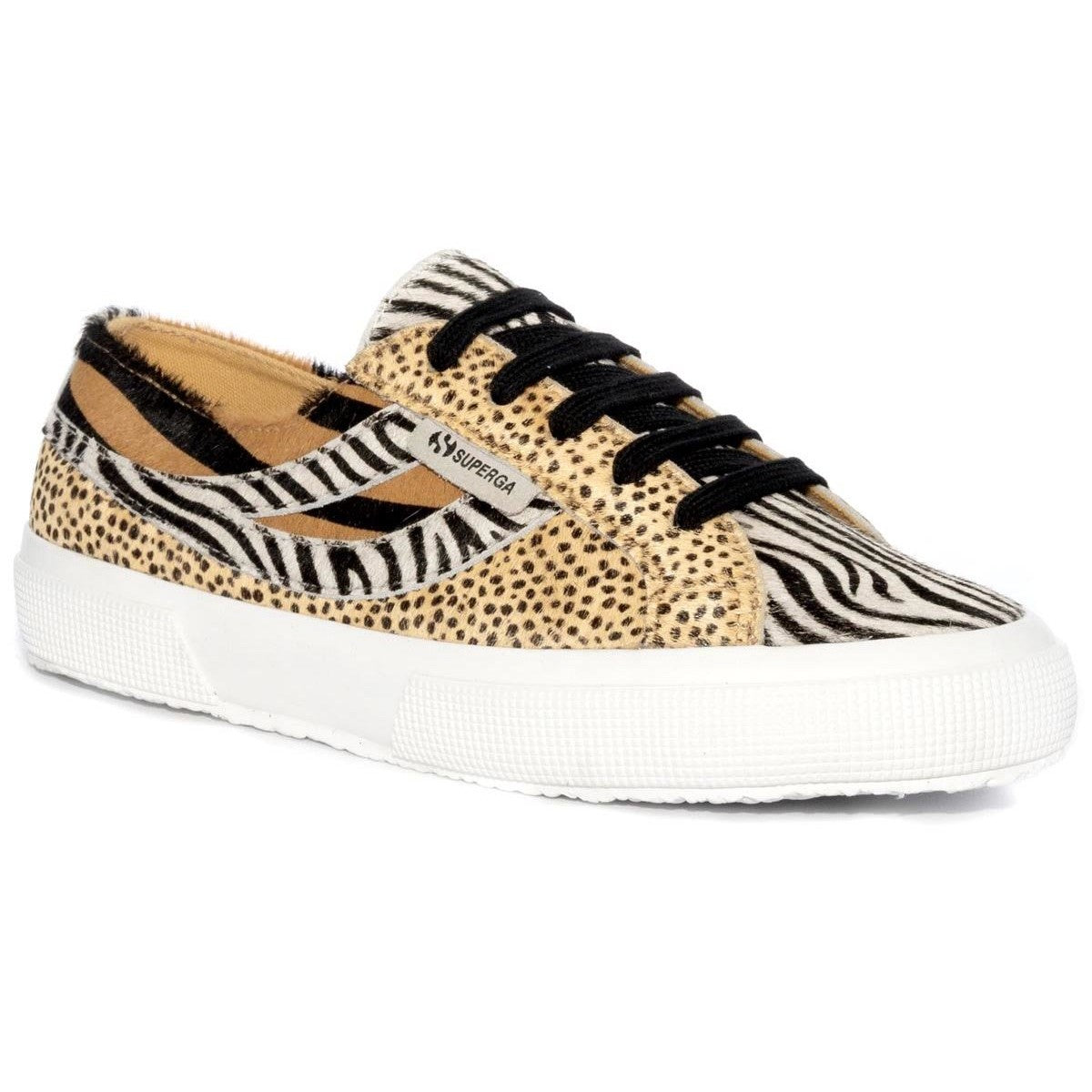 Brown-Black-White - Front - Superga Womens-Ladies 2953 Cotu Animal Print Cowhide Leather Trainers