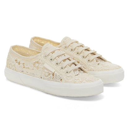 Light Beige Eggshell-Avorio - Front - Superga Womens-Ladies 2750 Macramé Trainers