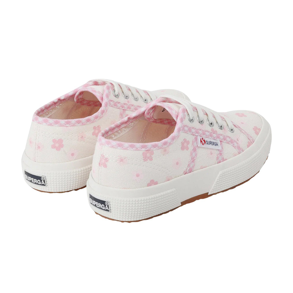 White Avorio-Pink - Back - Superga Childrens-Kids 2750 Flowers Gingham Trainers