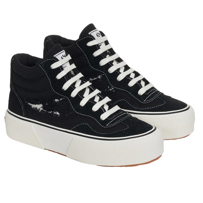 Black-White Avorio - Front - Superga Womens-Ladies 3141 Revolley Swallowtail Ripped Mid Cut Trainers
