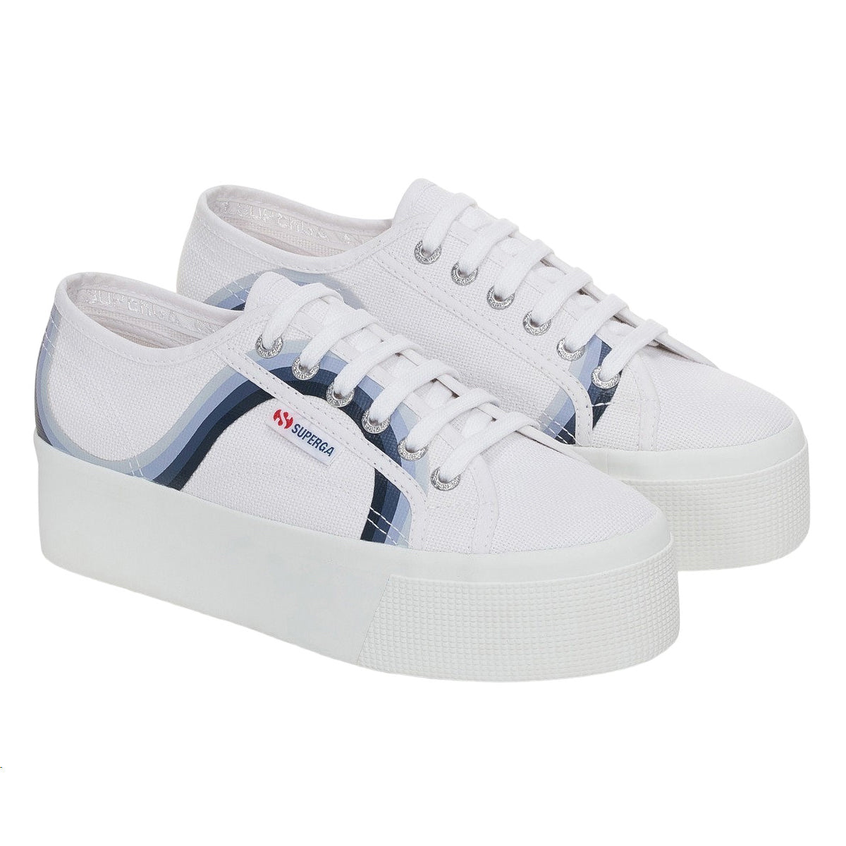 White-Shaded Blue - Front - Superga Womens-Ladies 2790 Round Stripes Trainers