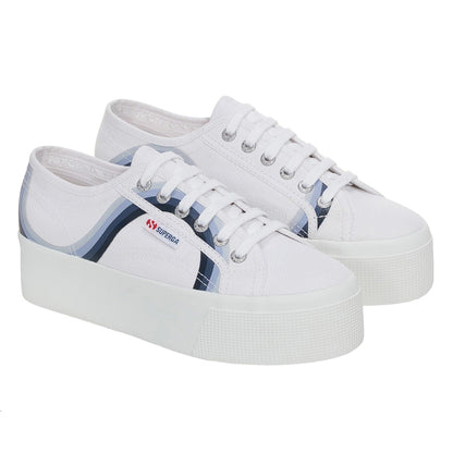 White-Shaded Blue - Front - Superga Womens-Ladies 2790 Round Stripes Trainers