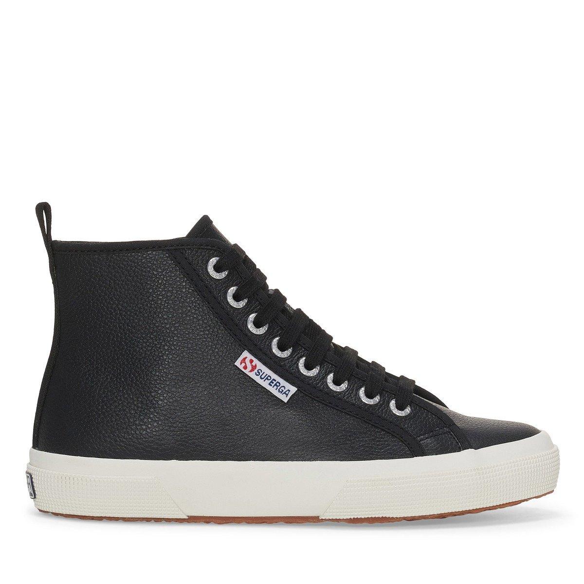 Black-White - Front - Superga Unisex Adult 2750 Tumbled Leather Mid Cut Trainers