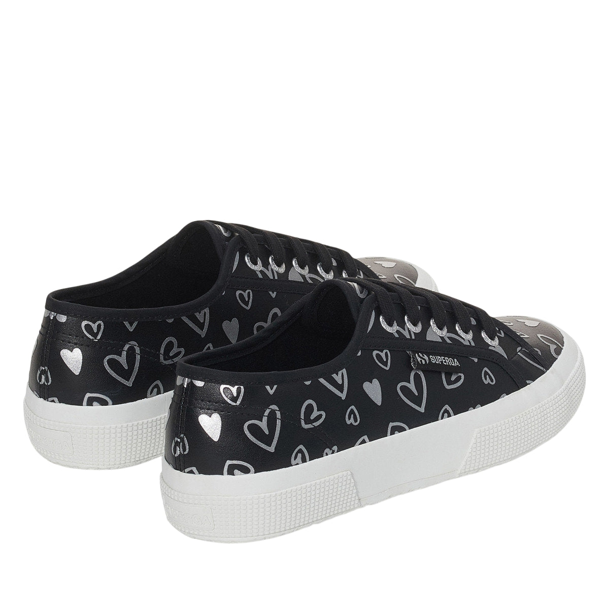 Black-Silver - Back - Superga Womens-Ladies Hearts Vegan Leather Trainers