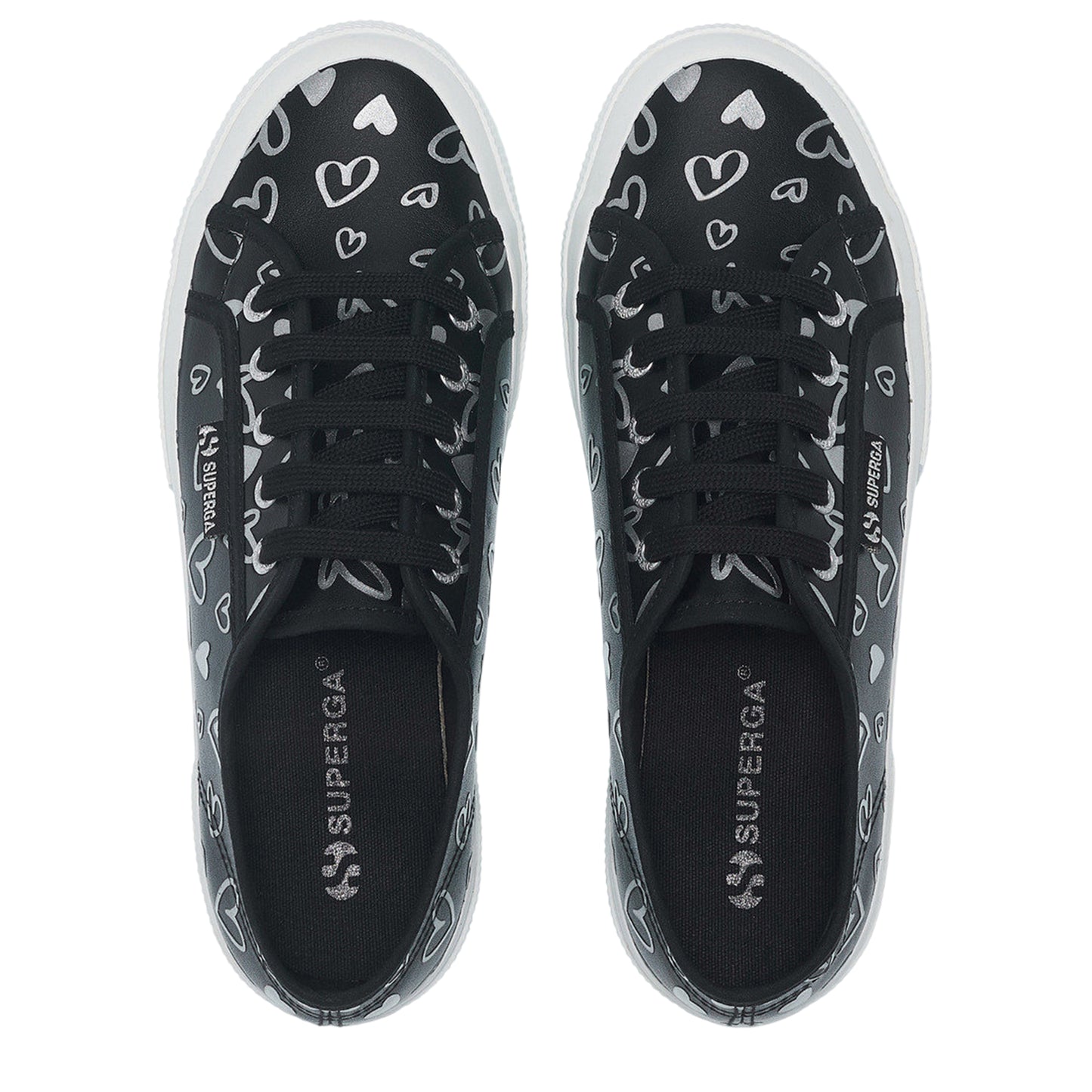Black-Silver - Side - Superga Womens-Ladies Hearts Vegan Leather Trainers