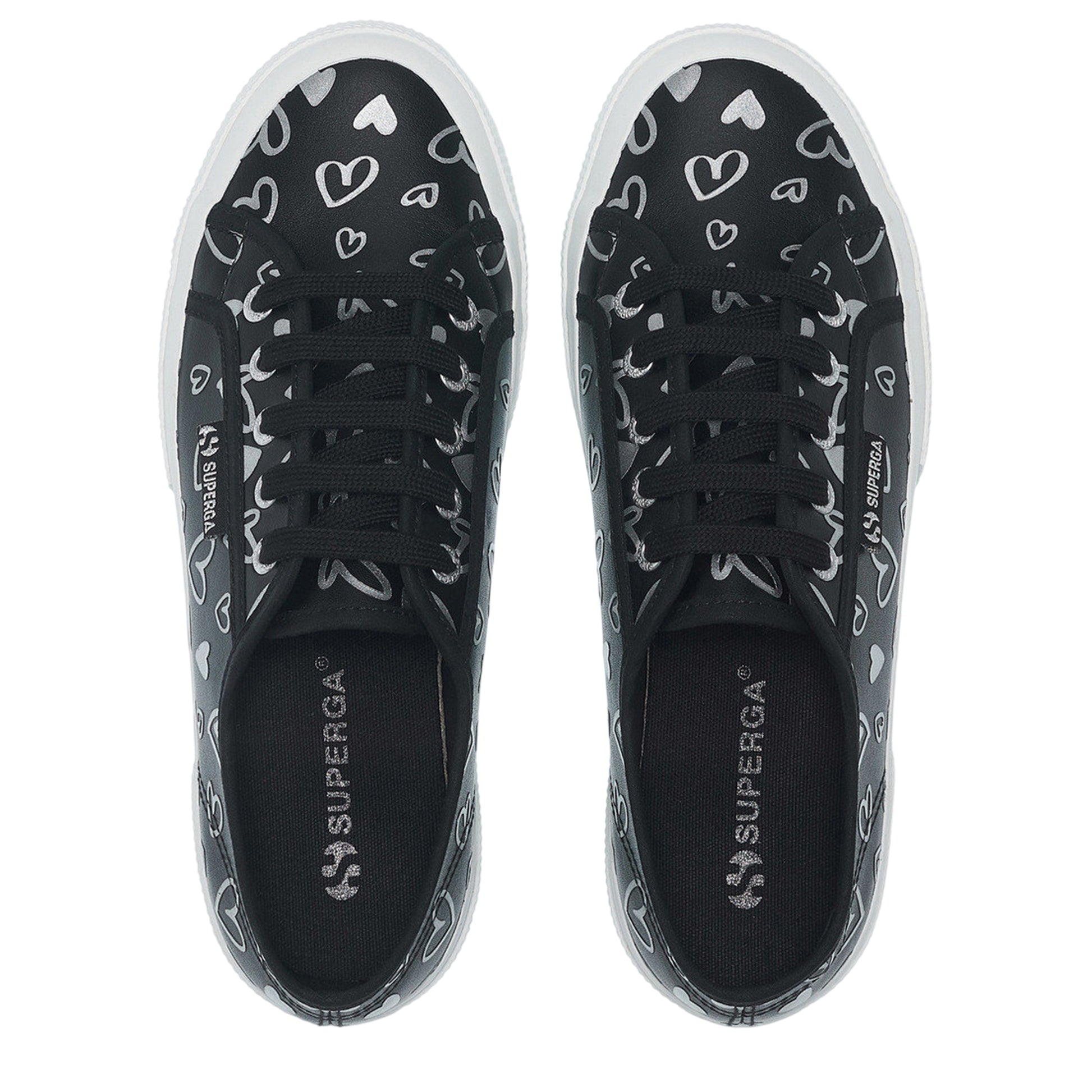 Black-Silver - Side - Superga Womens-Ladies Hearts Vegan Leather Trainers