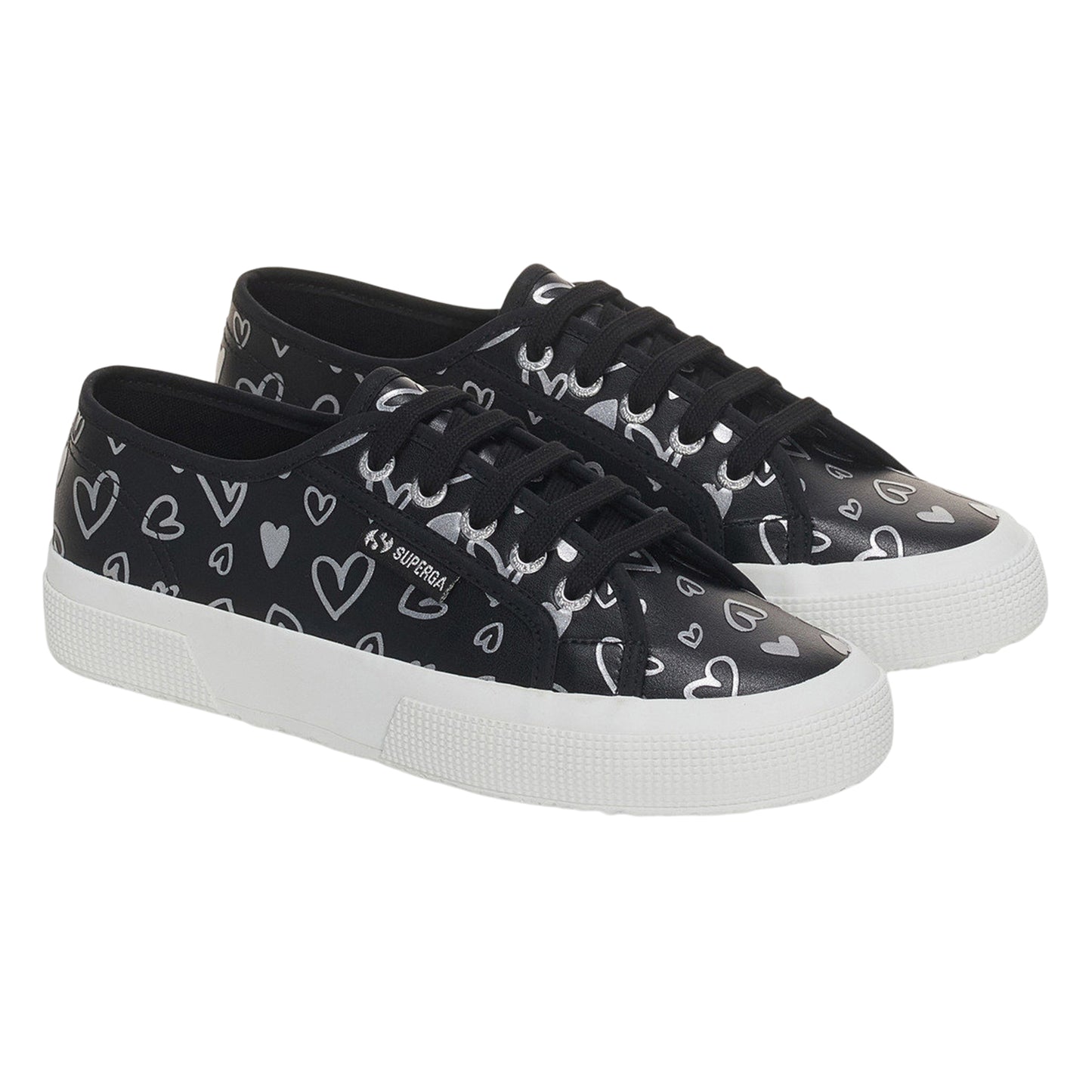 Black-Silver - Front - Superga Womens-Ladies Hearts Vegan Leather Trainers
