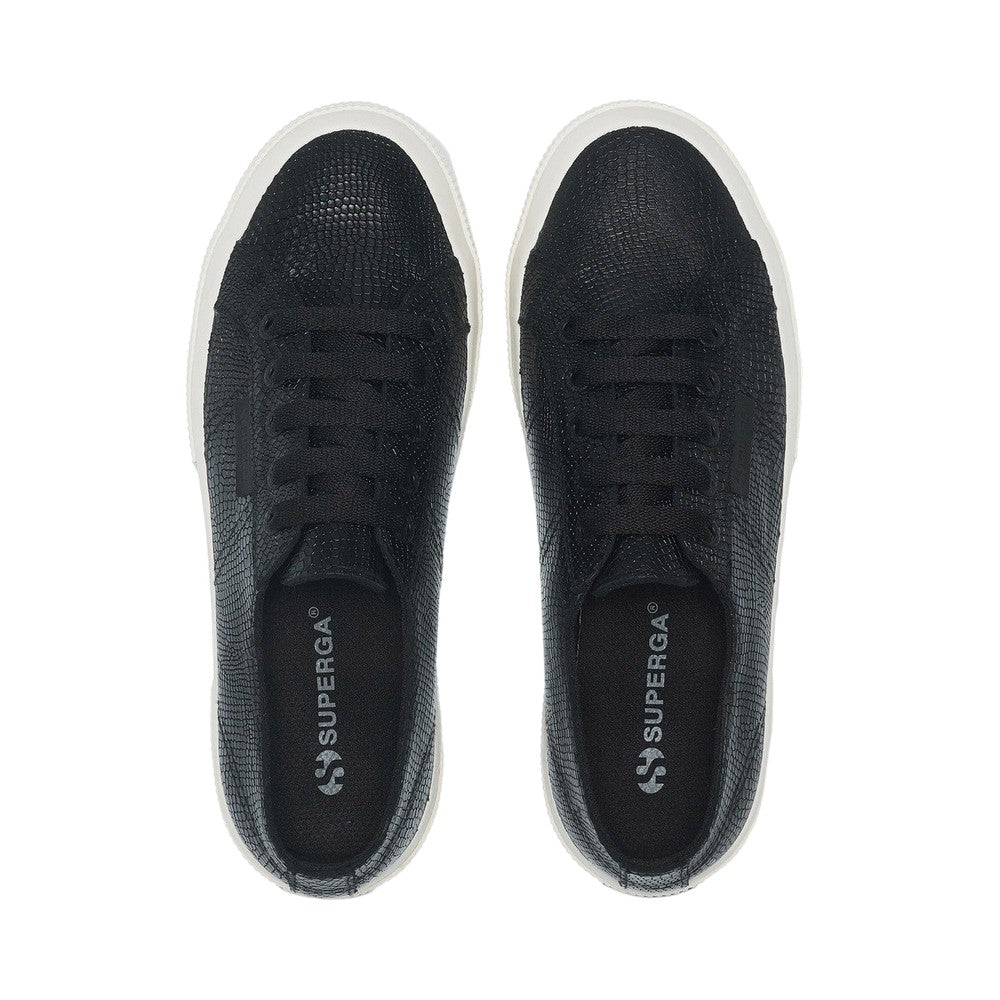Black-Avorio - Pack Shot - Superga Womens-Ladies 2750 Snake Print Grain Leather Trainers
