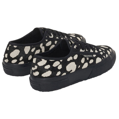 Black-Beige - Back - Superga Womens-Ladies 2750 Dalmatian Print Cowhide Leather Trainers