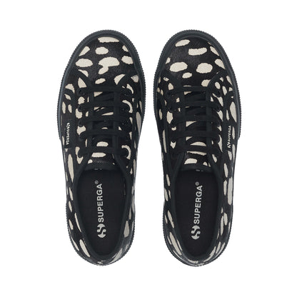Black-Beige - Pack Shot - Superga Womens-Ladies 2750 Dalmatian Print Cowhide Leather Trainers