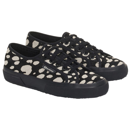 Black-Beige - Front - Superga Womens-Ladies 2750 Dalmatian Print Cowhide Leather Trainers