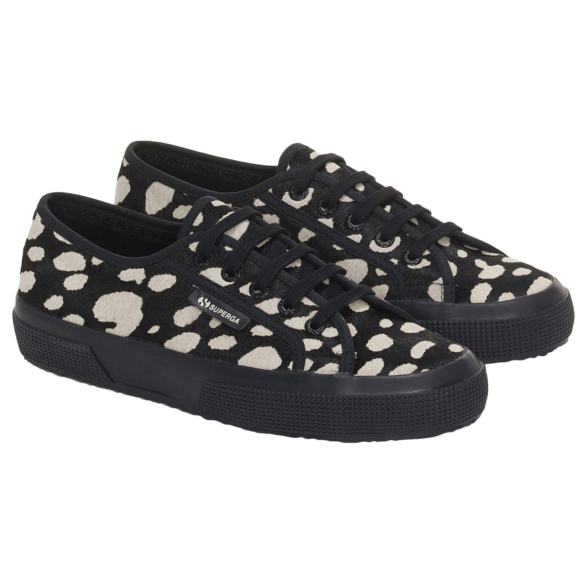 Black-Beige - Front - Superga Womens-Ladies 2750 Dalmatian Print Cowhide Leather Trainers
