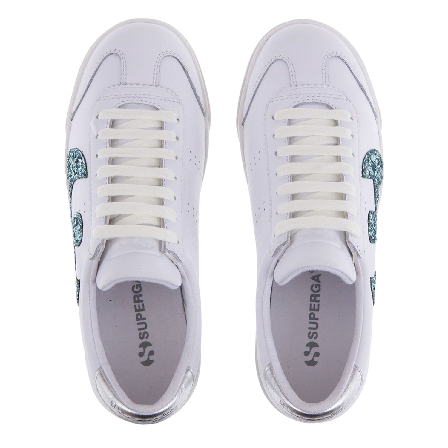 White-Blue-Light - Lifestyle - Superga Womens-Ladies 2843 Club S Glitter Leather Trainers