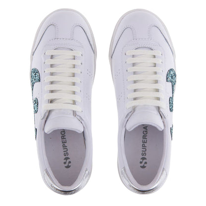 White-Blue-Light - Lifestyle - Superga Womens-Ladies 2843 Club S Glitter Leather Trainers