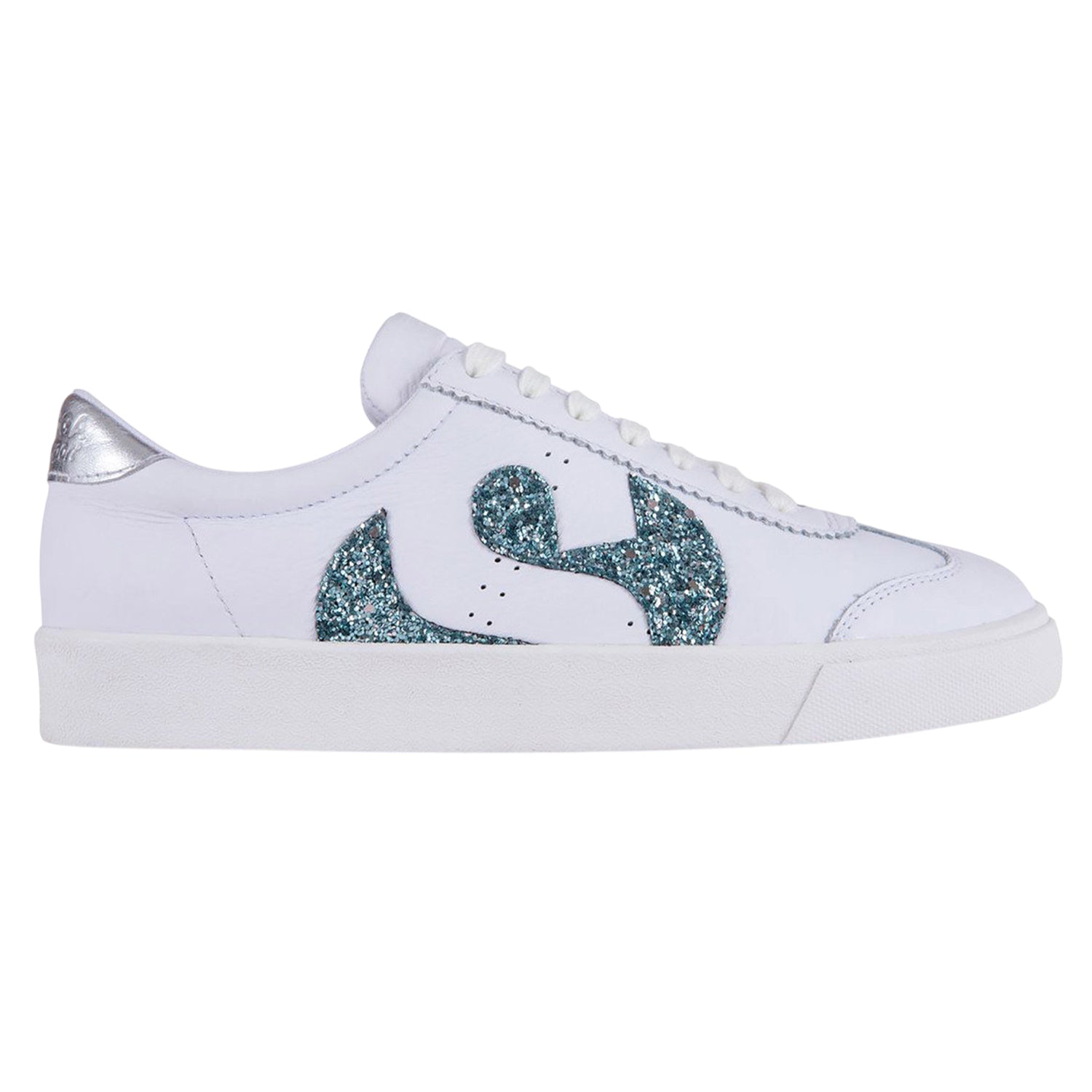 White-Blue-Light - Front - Superga Womens-Ladies 2843 Club S Glitter Leather Trainers