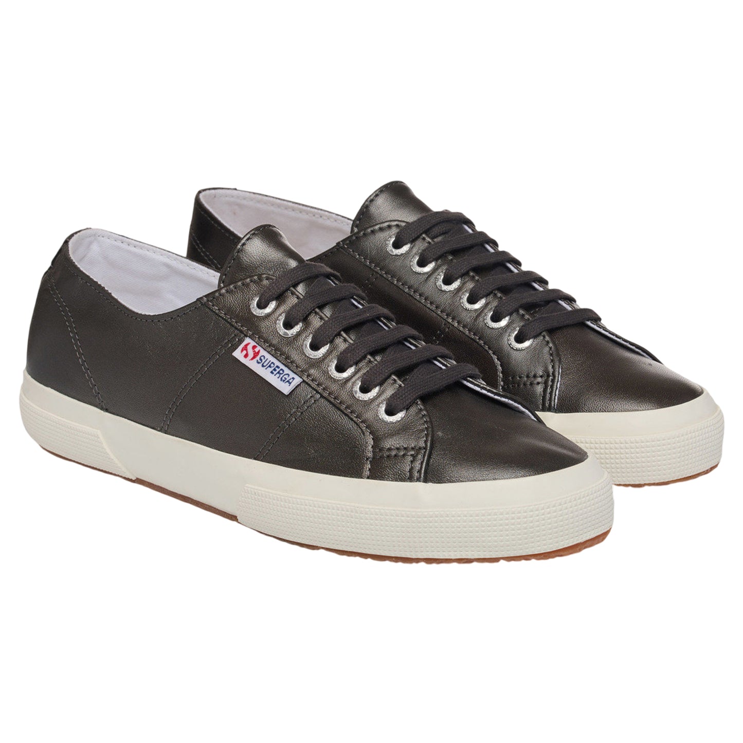 Metallic Silver-Off White - Front - Superga Womens-Ladies 2750 Metallic Leather Trainers
