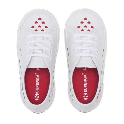 White-Red - Pack Shot - Superga Childrens-Kids 3750 Hearts Vegan Trainers