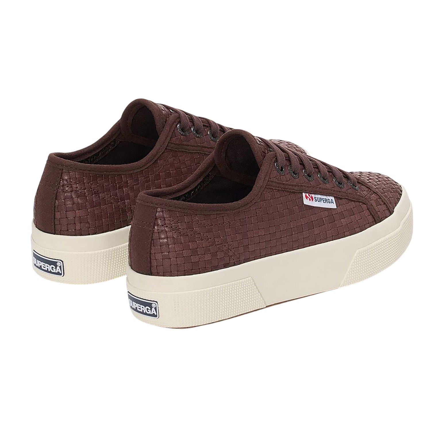 Dark Brown-Off White - Back - Superga Unisex Adult 2740 Woven Leather Platform Trainers