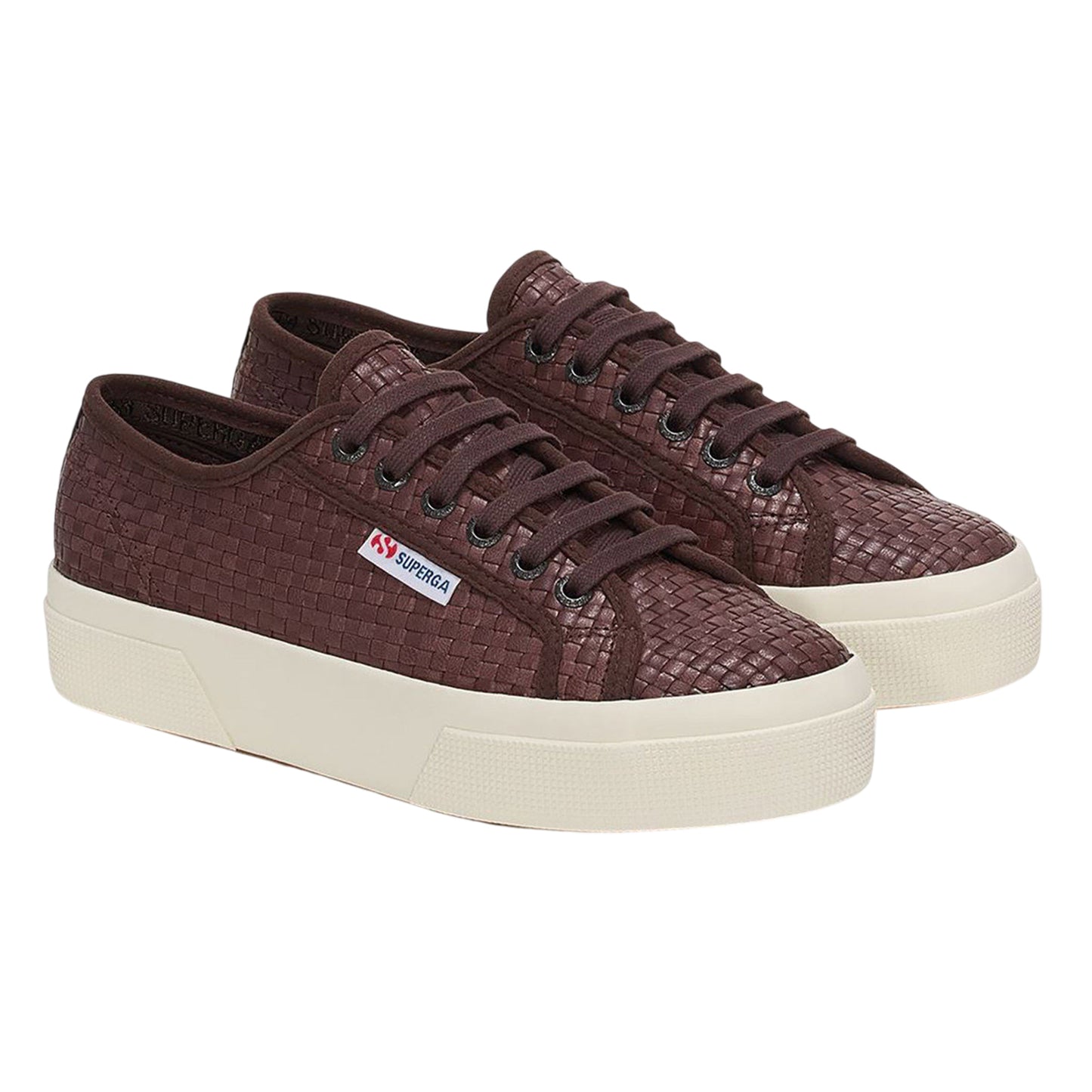 Dark Brown-Off White - Front - Superga Unisex Adult 2740 Woven Leather Platform Trainers