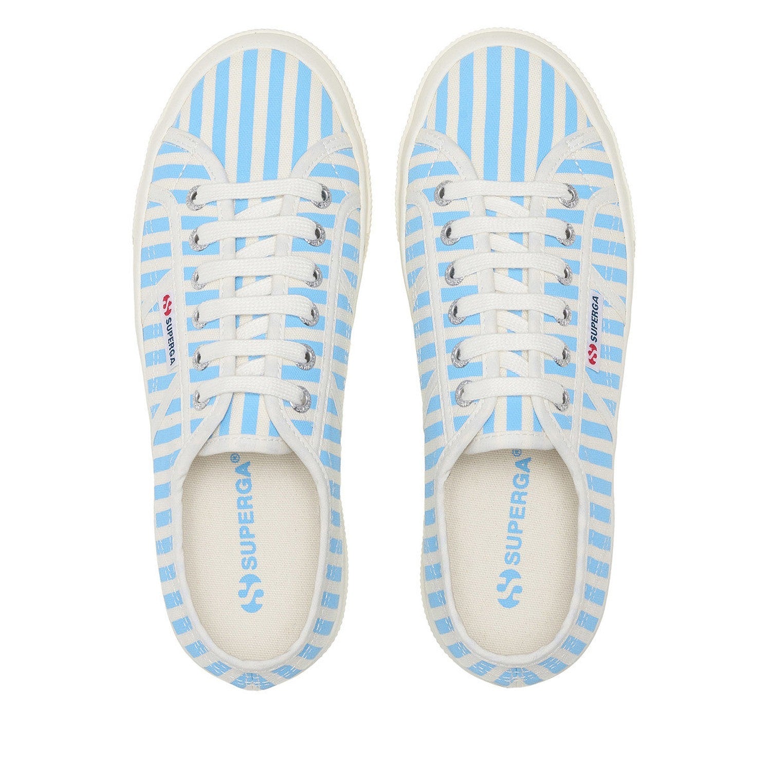 Off White-Azure Summer Sky - Pack Shot - Superga Womens-Ladies 2740 Print Stripes Trainers