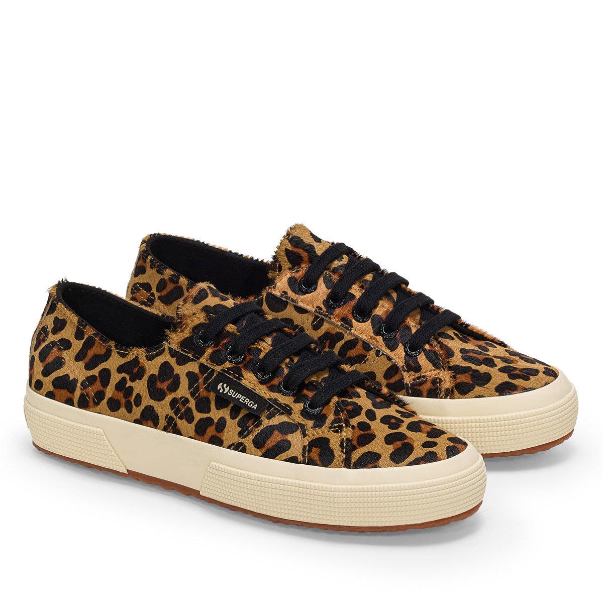 Brown-Black-Off White - Front - Superga Womens-Ladies 2750 Leopard Print Leather Trainers