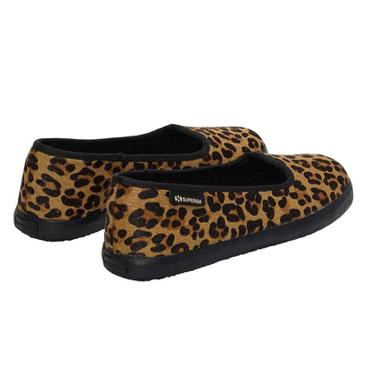 Brown-Black - Back - Superga Womens-Ladies 2441 Leopard Print Leather Calf Hair Ballerina Flats