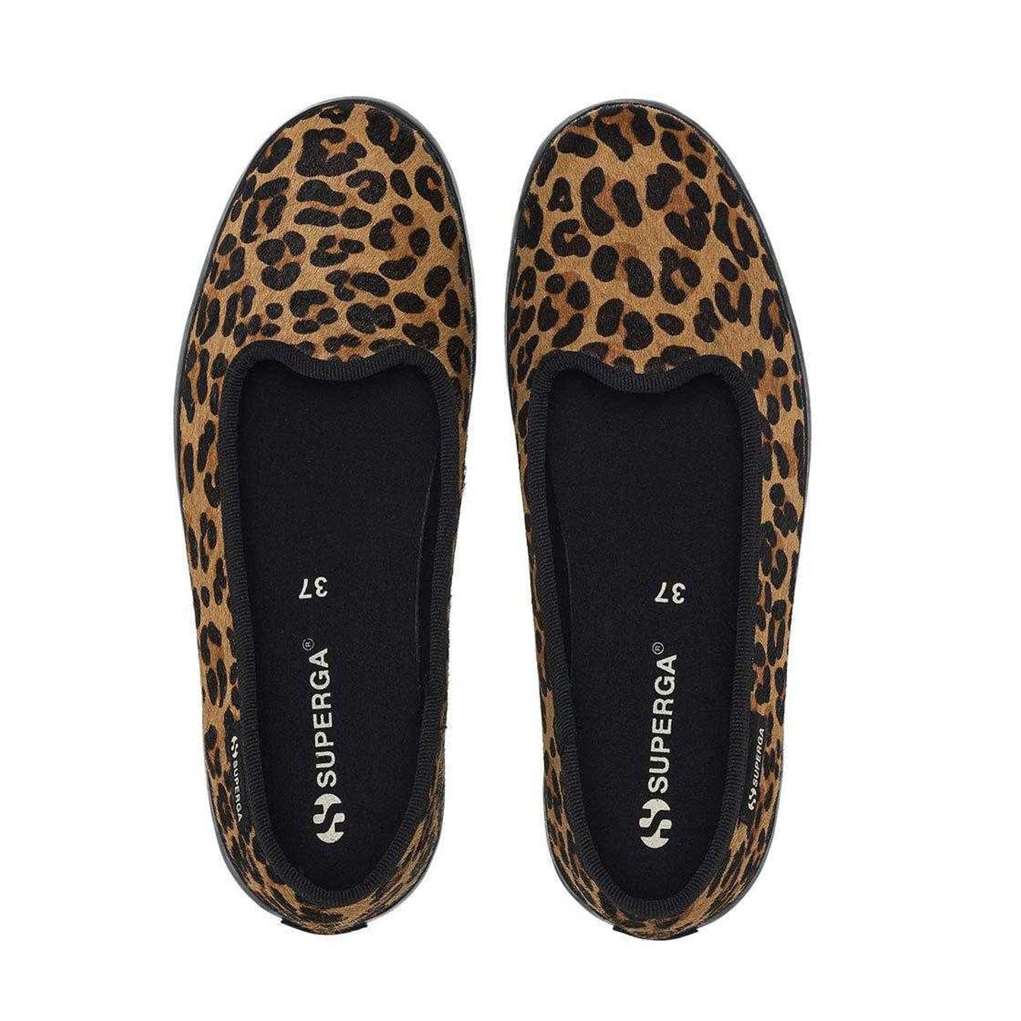 Brown-Black - Side - Superga Womens-Ladies 2441 Leopard Print Leather Calf Hair Ballerina Flats