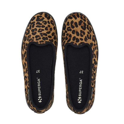 Brown-Black - Side - Superga Womens-Ladies 2441 Leopard Print Leather Calf Hair Ballerina Flats