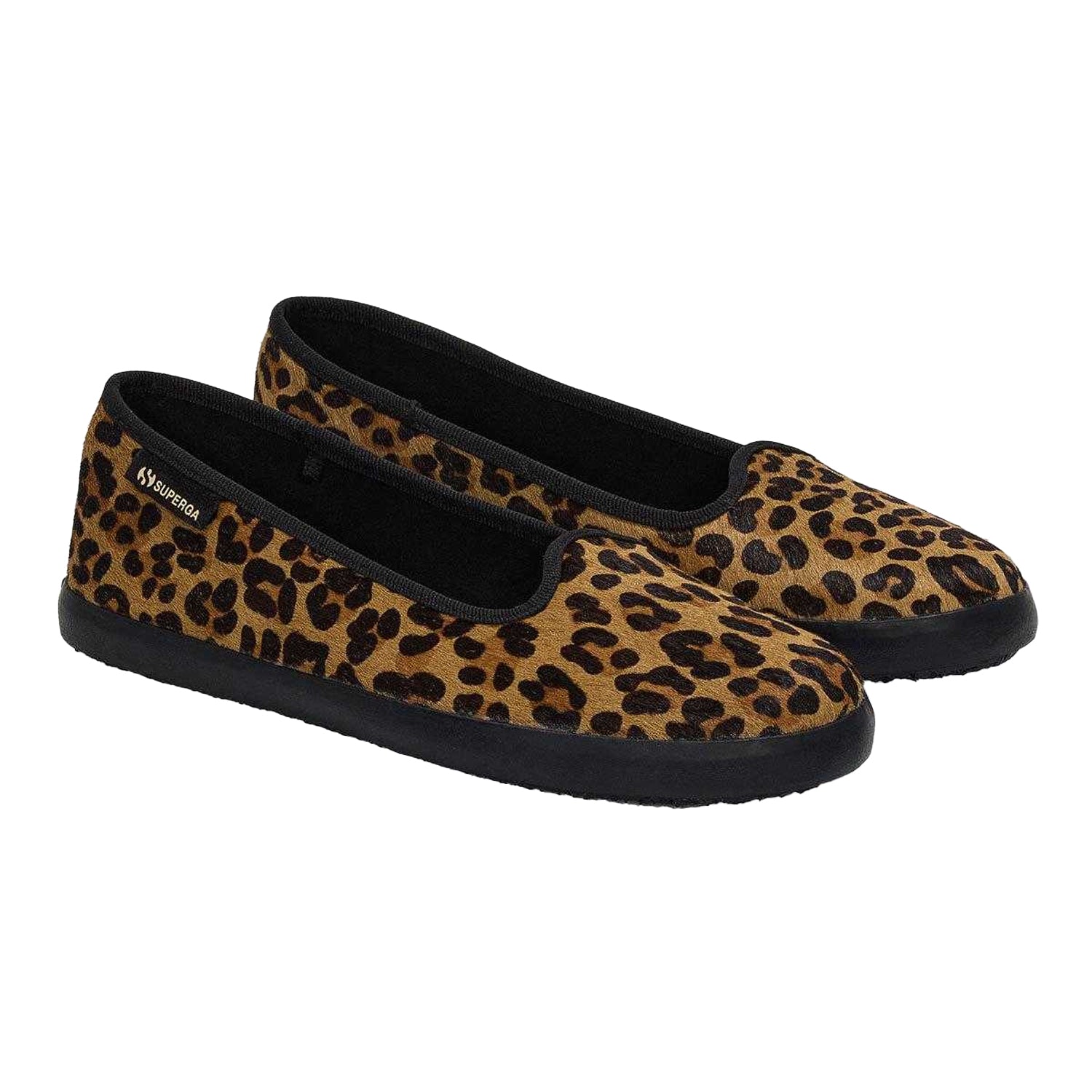 Brown-Black - Front - Superga Womens-Ladies 2441 Leopard Print Leather Calf Hair Ballerina Flats