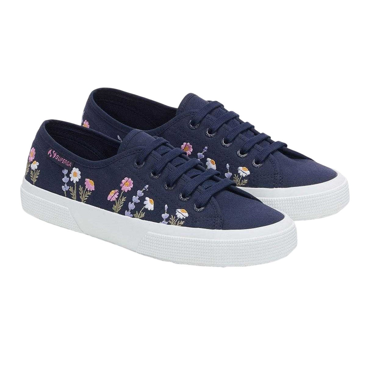 Blue Navy-White-Violet Lilla - Front - Superga Womens-Ladies 3750 Leggera Floral Embroidery Trainers