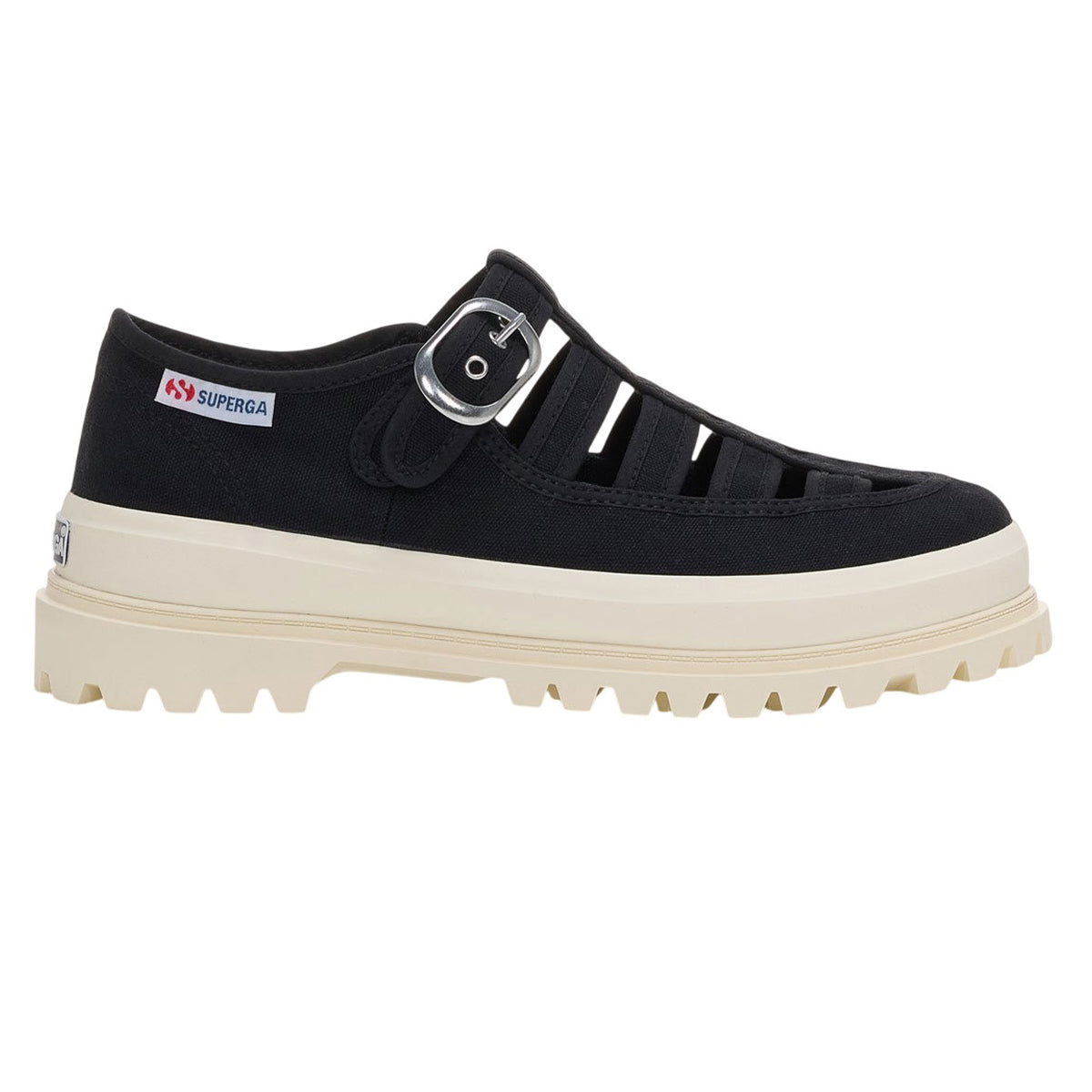 Black-Off White - Side - Superga Womens-Ladies 3541 Alpina Gurkha Fisherman Sandals