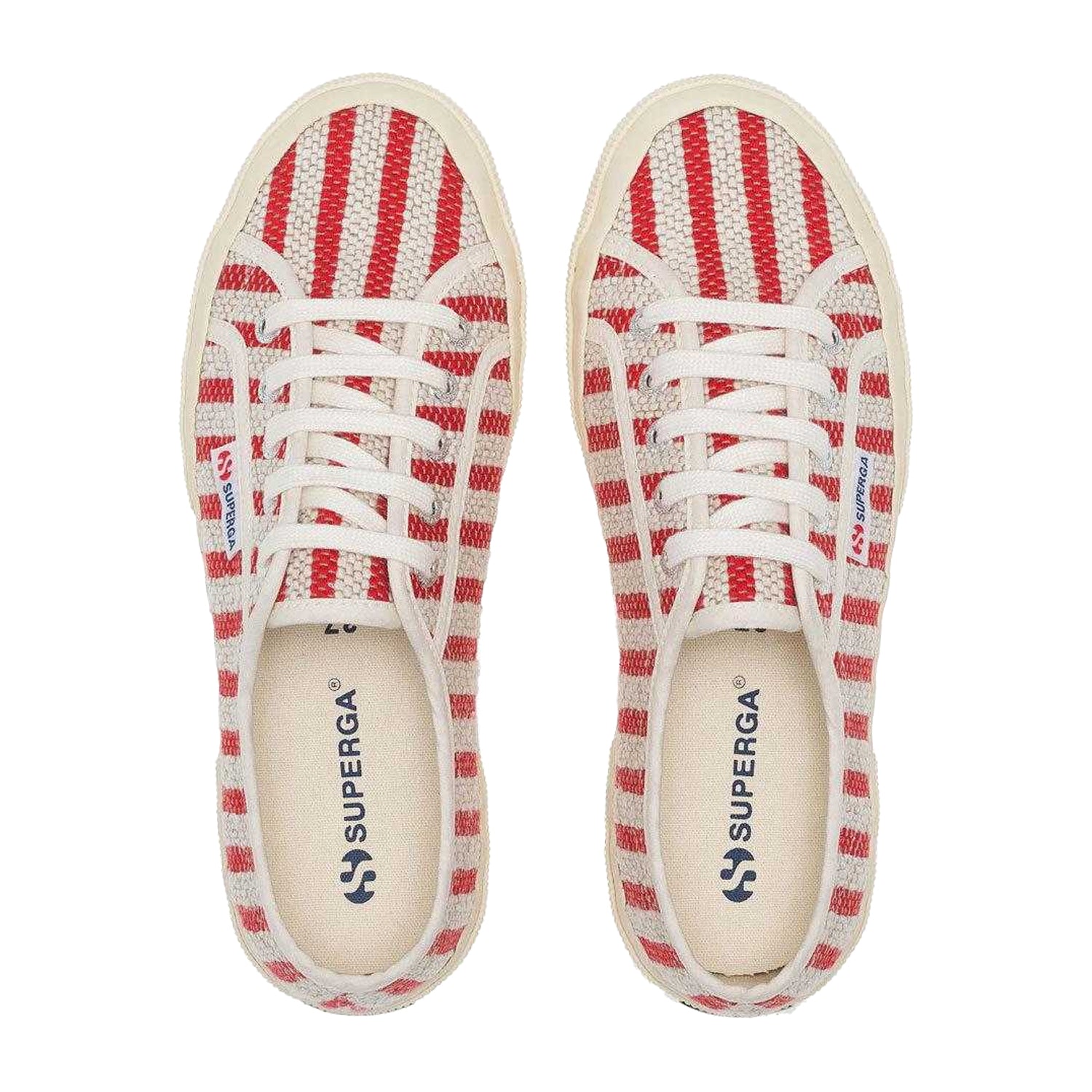 Red-Off White - Side - Superga Womens-Ladies Striped Flat Trainers