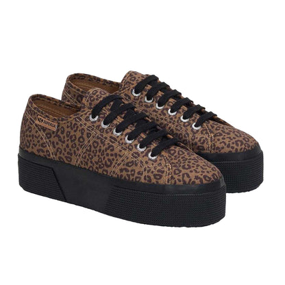 Black-Beige - Front - Superga Womens-Ladies 3790 Leggera Leopard Print Platform Trainers