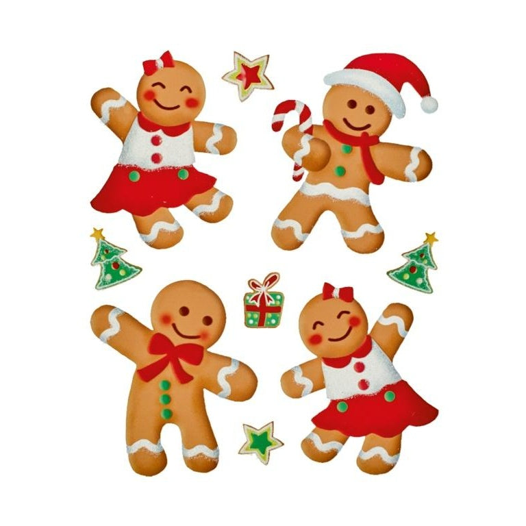 Brown-Red-Green - Front - Premier Glitter Gingerbread Christmas Window Stickers