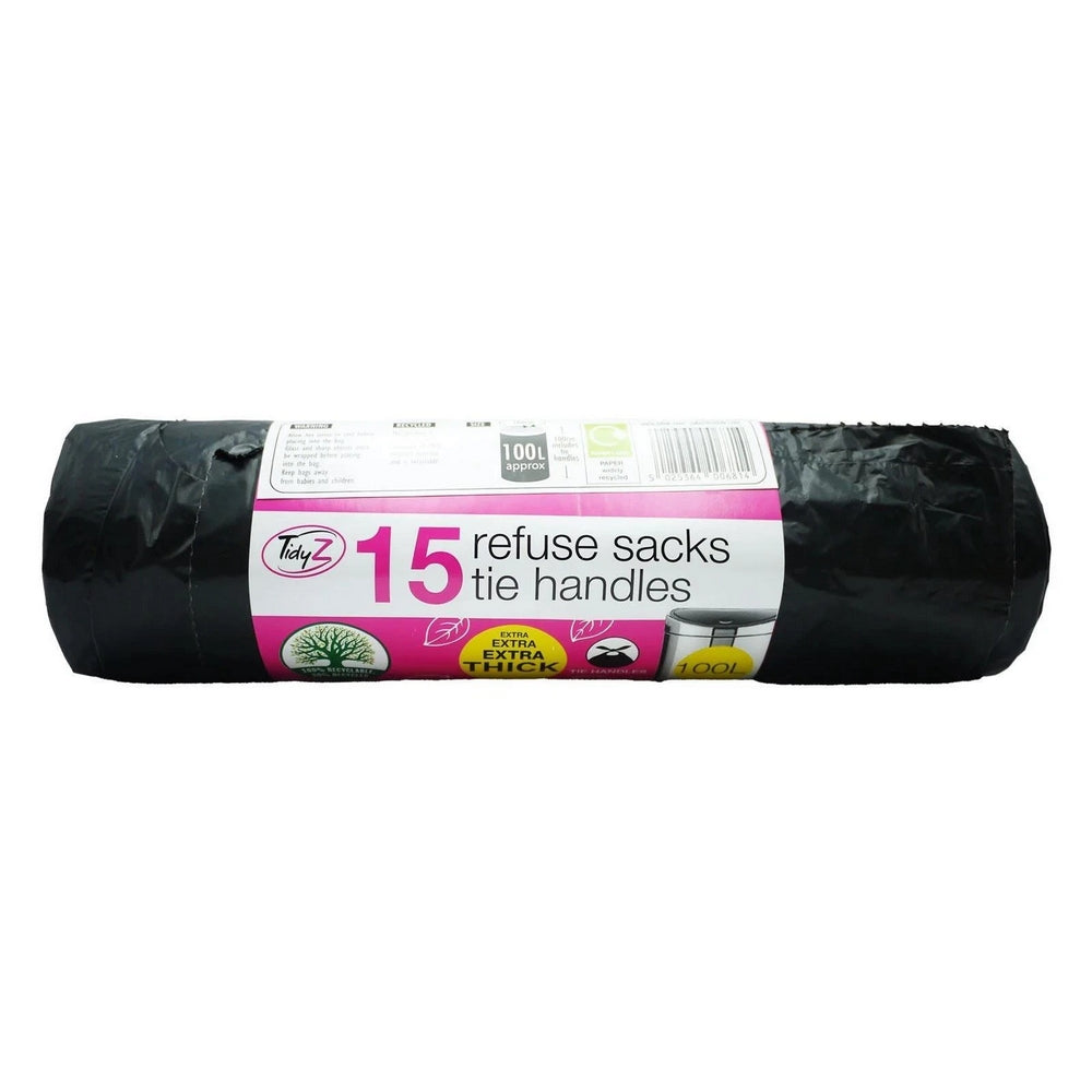 Black - Front - Tidyz 100L Tie Bin Bags (Pack of 15)